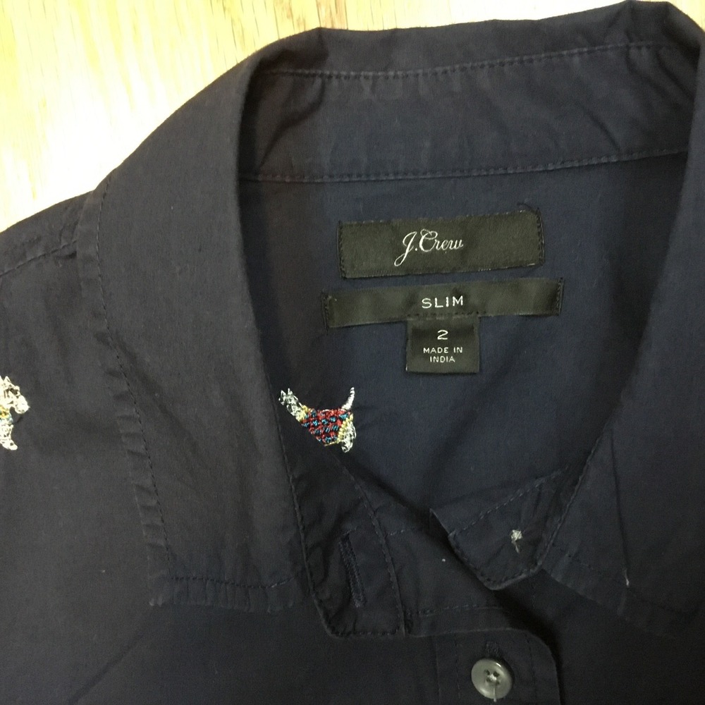 Woman's J Crew Perfect Shirt In Dog Days Embroidery Scottish Terrier Size 2 - Picture 2 of 8